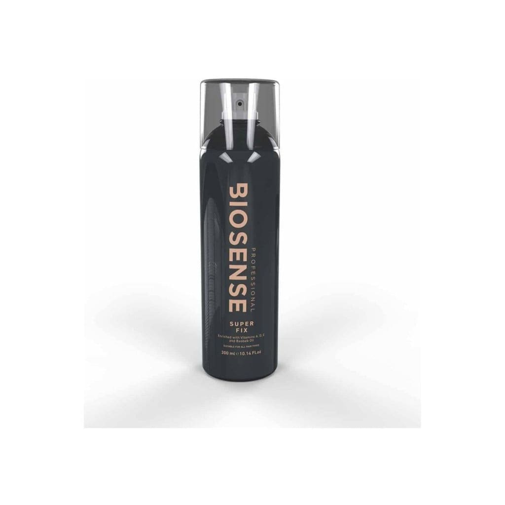 Black spray bottle labeled ’BIOSENSE’ with gold lettering - Biosense Super Fix Hairspray 300ML