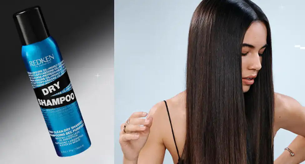 Bottle of dry shampoo spray next to a woman with long, straight dark hair.