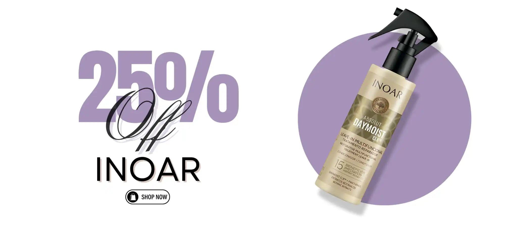 Bottle of Inoar hair product with a pump dispenser against a purple circular background and ’25% Off’ text.