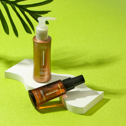Two hair product bottles featuring Brasil Cacau Shine Serum Spray for frizz control and shine