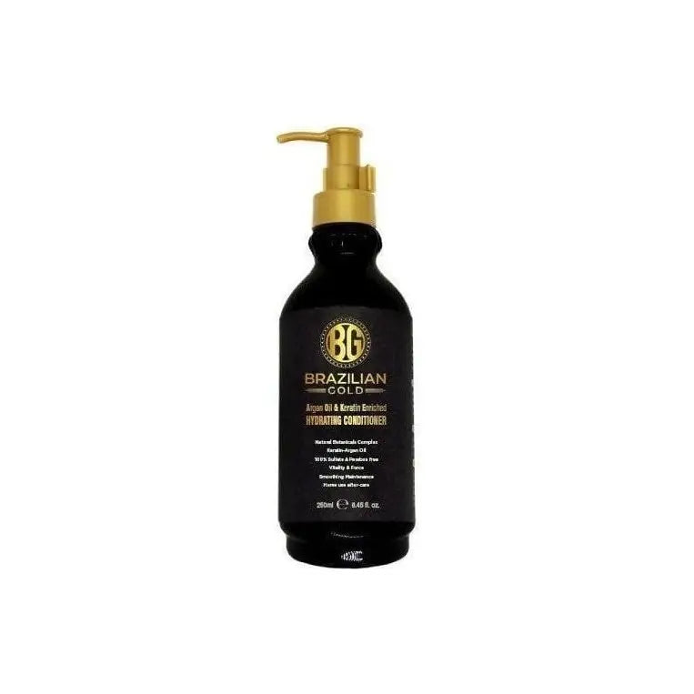 Black bottle of Brazilian Gold Hydrating Conditioner with gold pump for keratin treatment