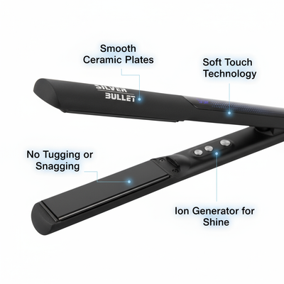 Silver Bullet Glide ceramic straightener with smooth ceramic plates and ion generator for shine