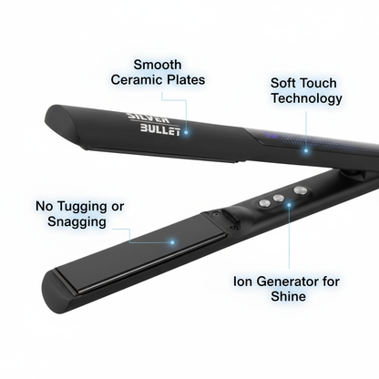 Silver Bullet Glide ceramic straightener with smooth ceramic plates and ion generator for shine