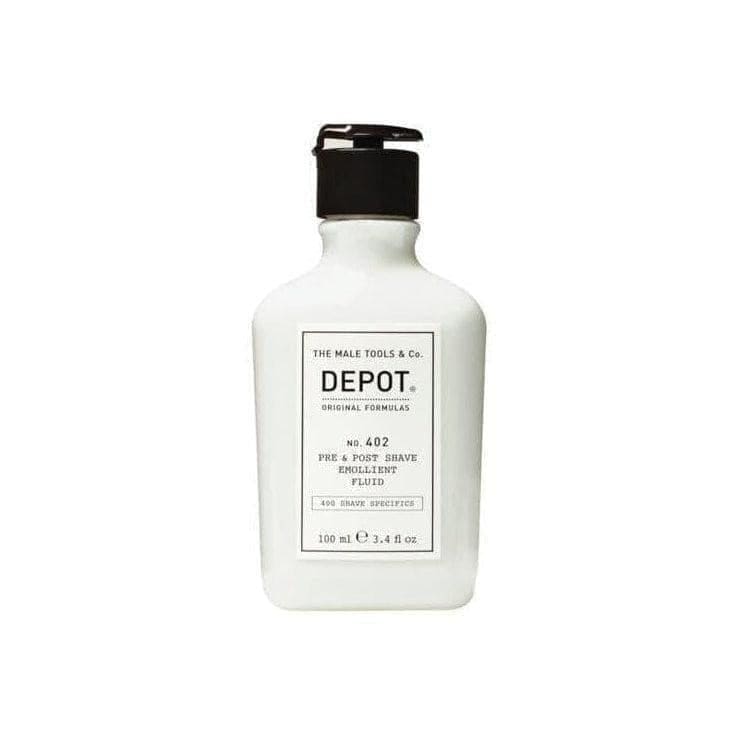 White bottle of DEPOT - 402 post shave emollient fluid 100ml on a white background