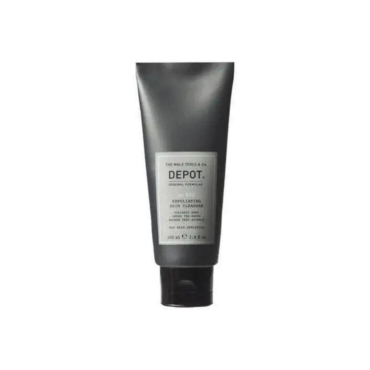 Close-up of DEPOT No.802 Exfoliating Skin Cleanser with volcanic sand on white background