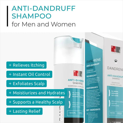 Anti-dandruff shampoo bottle and packaging for men and women.