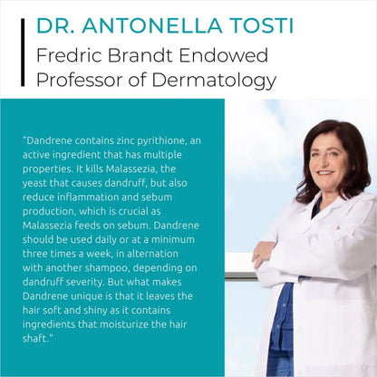 Professional profile card featuring a woman in a white lab coat alongside text describing her expertise in dermatology and information about dandruff treatment.