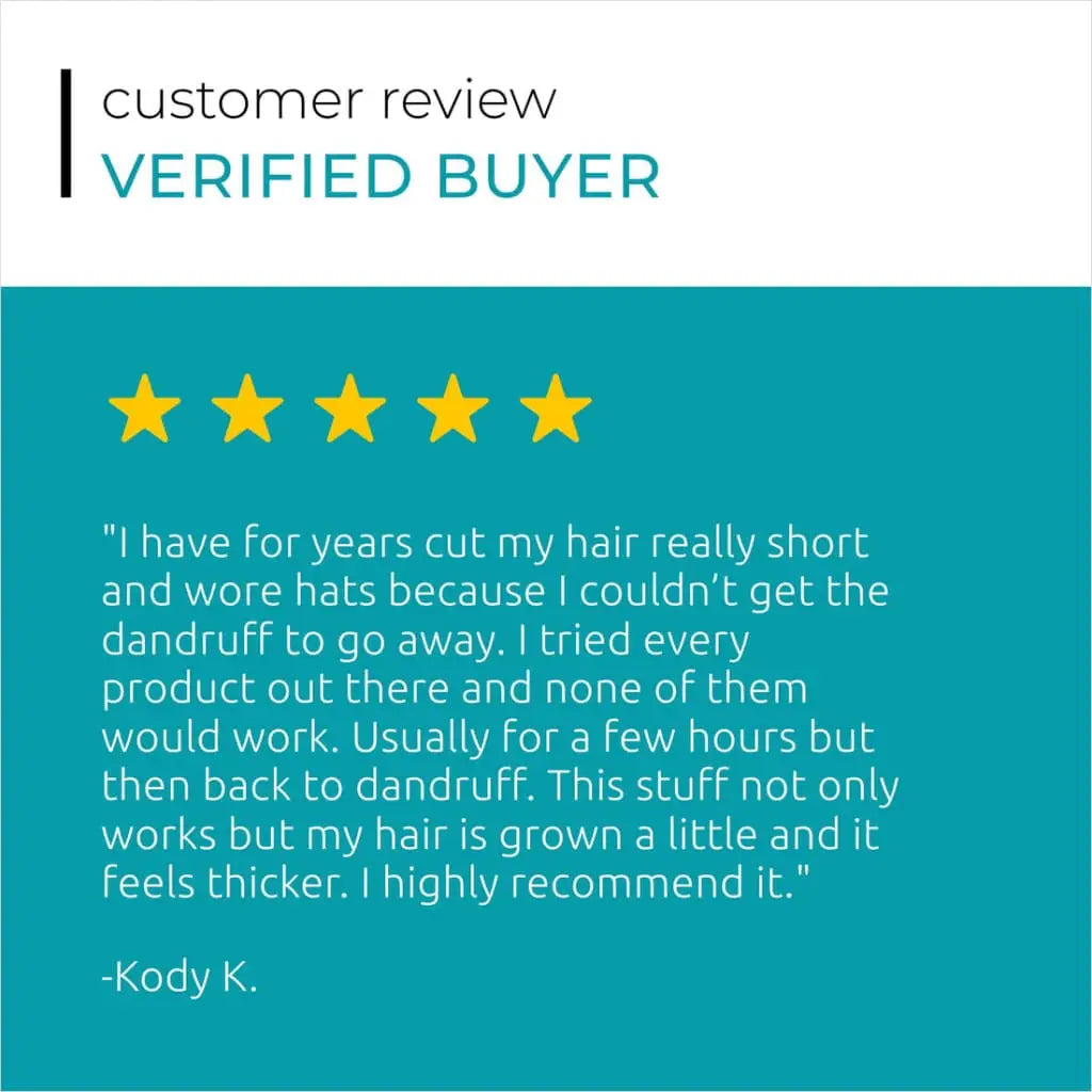 Customer review from a verified buyer giving a 5-star rating and positive feedback about a hair care product.