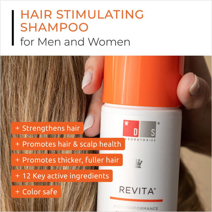 Revita Anti Hair-Loss Shampoo bottle against hair strands by DS Laboratories - 205ml