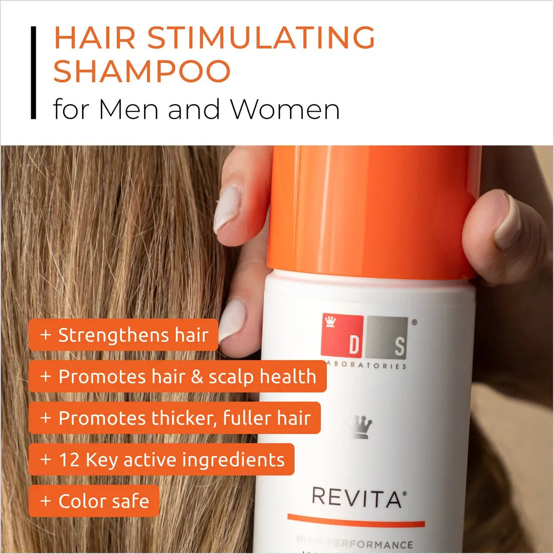 Revita Anti Hair-Loss Shampoo bottle against hair strands by DS Laboratories - 205ml