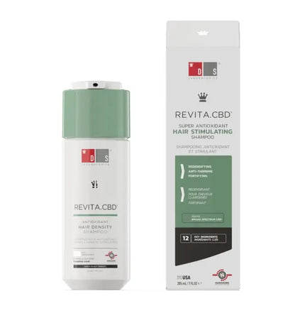 Bottle of Revita CBD hair stimulating shampoo with its product packaging.