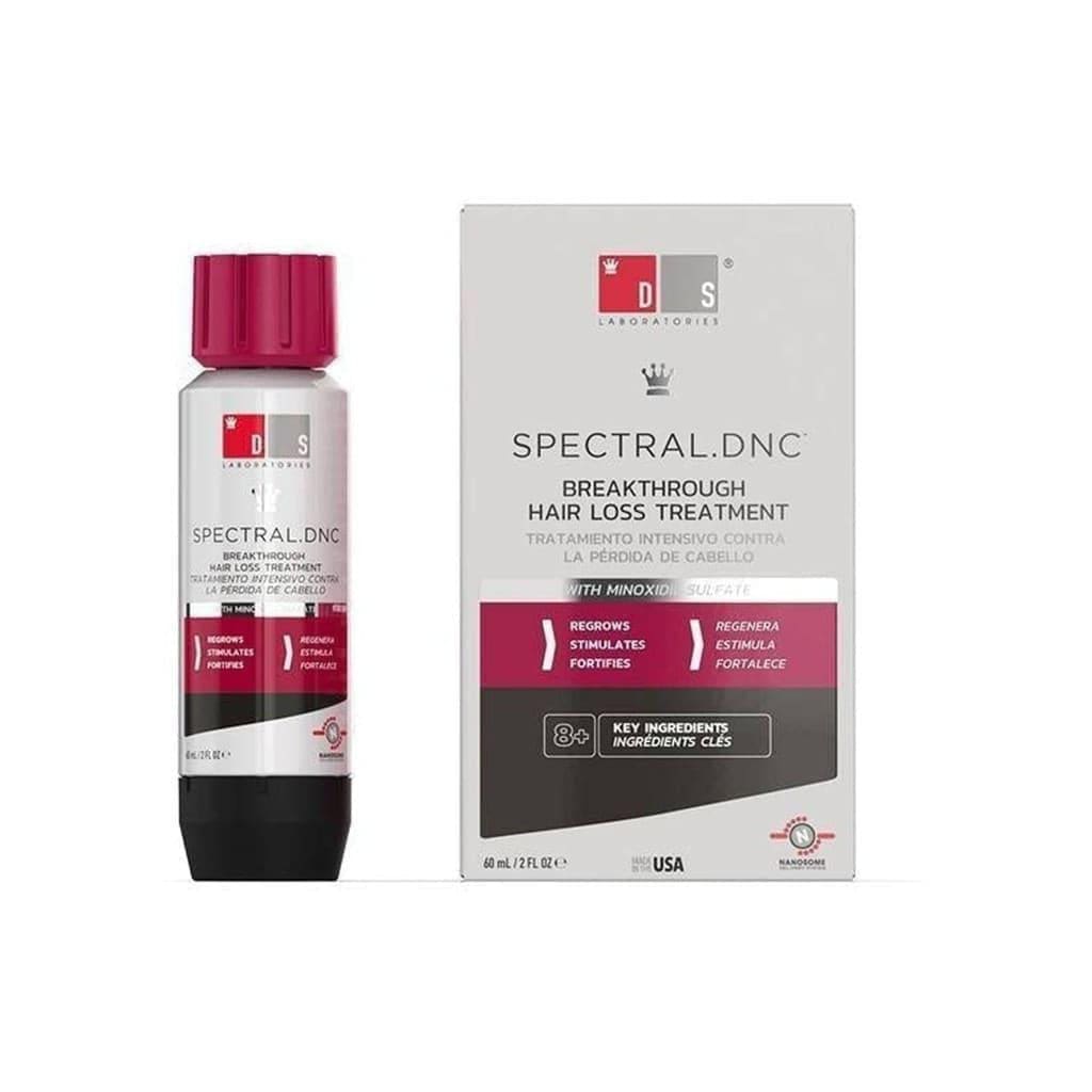 A bottle of DS Laboratories Spectral DNC, a 60ml topical hair loss solution