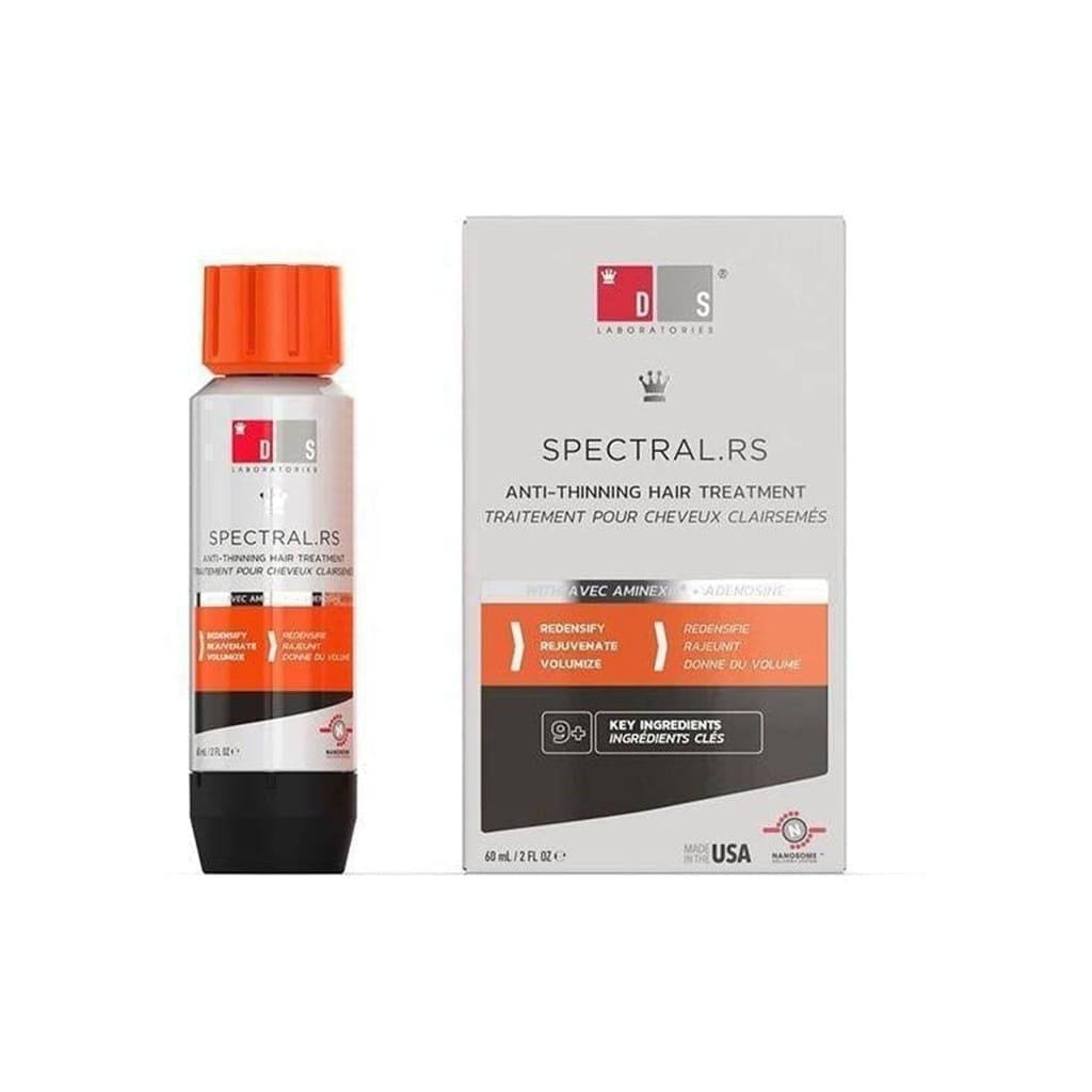 Close up of DS Laboratories Spectral Rs Anti Hair-Loss Treatment bottle with box, 60ml