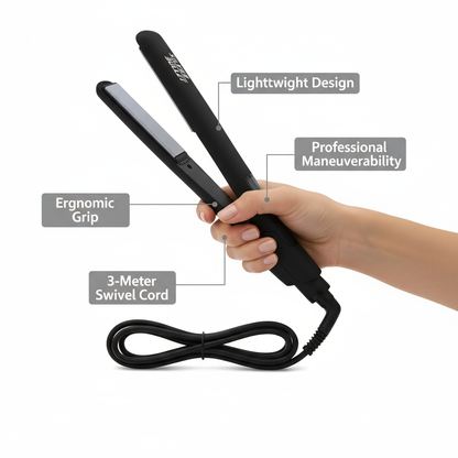 Silver Bullet Lightning Titanium Straightener with ergonomic grip and lightweight design held in hand