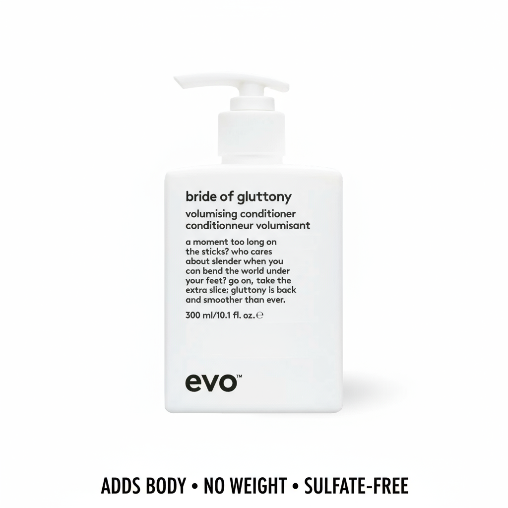 EVO Bride of Gluttony Volumising Conditioner in white pump bottle adds body and is sulfate-free