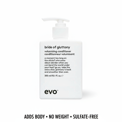 EVO Bride of Gluttony Volumising Conditioner in white pump bottle adds body and is sulfate-free