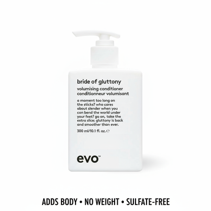 EVO Bride of Gluttony Volumising Conditioner in white pump bottle adds body and is sulfate-free