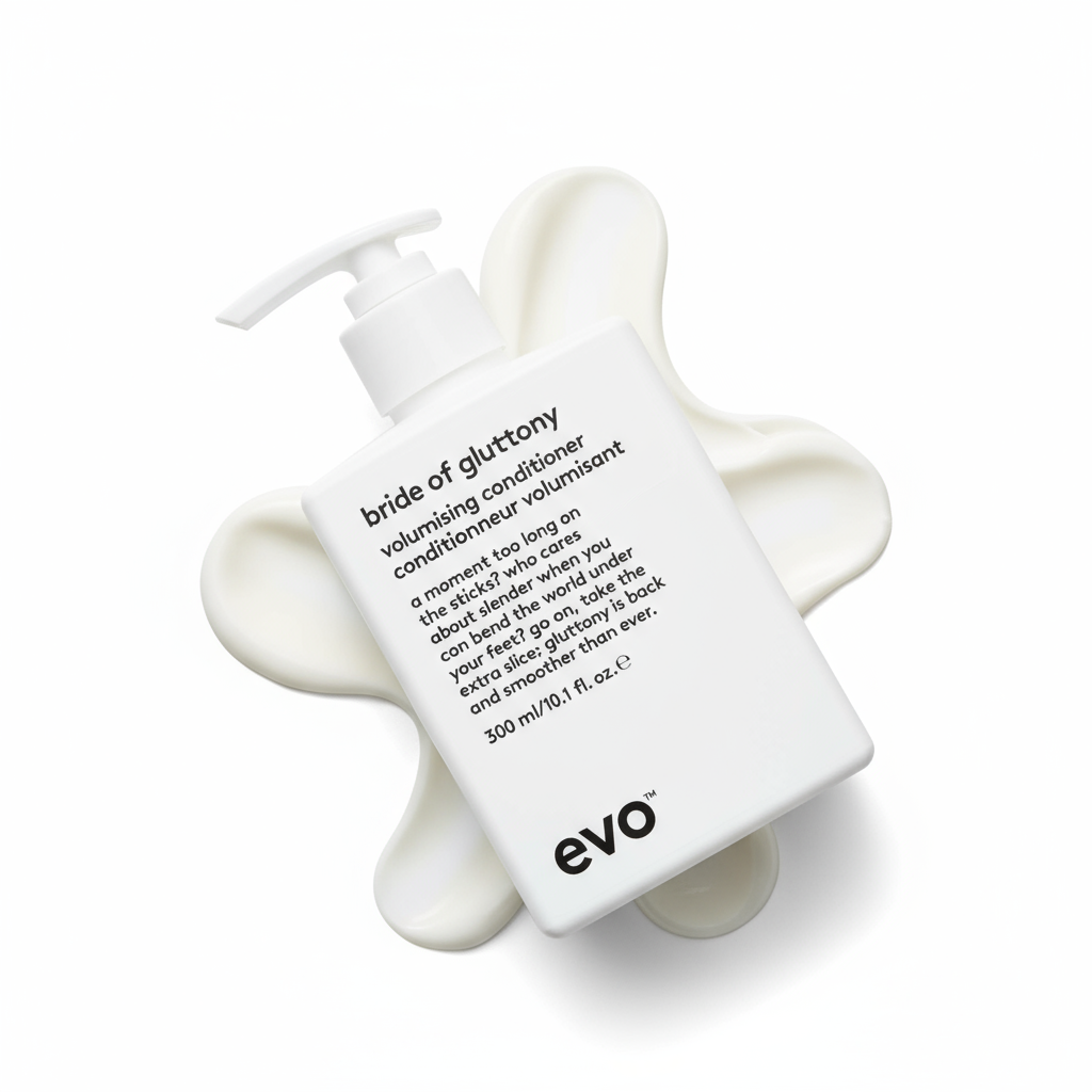 EVO Bride of Gluttony Volumising Conditioner bottle with creamy white conditioner spread beneath
