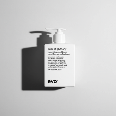 EVO Bride of Gluttony Volumising Conditioner in white pump bottle with black text on light background