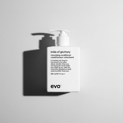 EVO Bride of Gluttony Volumising Conditioner in white pump bottle with black text on light background