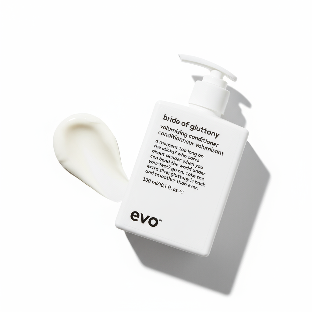 EVO Bride of Gluttony Volumising Conditioner white pump bottle with creamy conditioner swatch