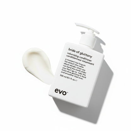 EVO Bride of Gluttony Volumising Conditioner white pump bottle with creamy conditioner swatch