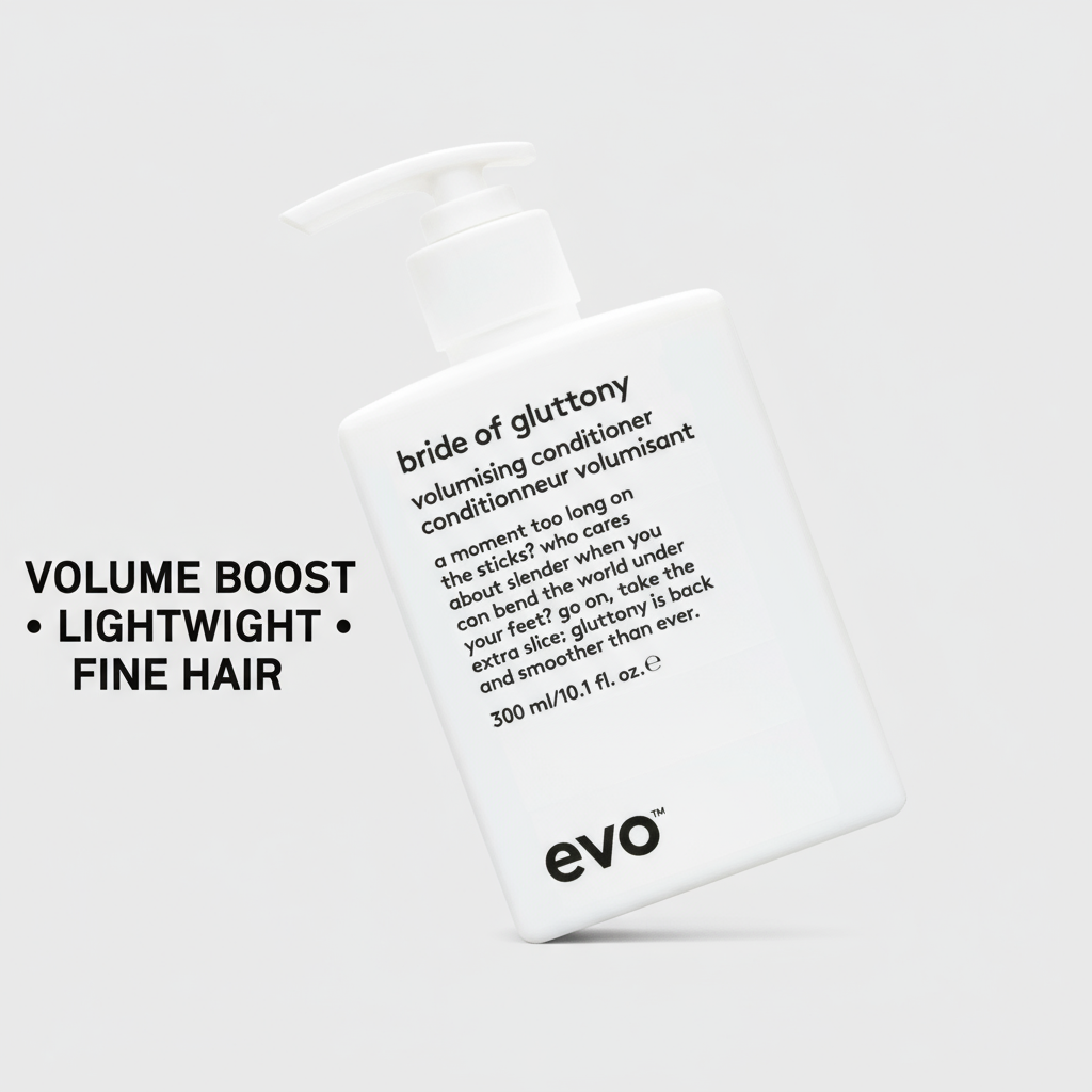 EVO Bride of Gluttony Volumising Conditioner in white pump bottle for volume boost and fine hair