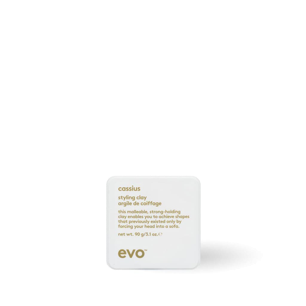 White coaster labeled ’condition’ next to EVO Cassius Strong Hold Styling Clay 90g