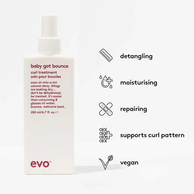 EVO Baby Got Bounce Curl Treatment styling aid bottle with benefits like detangling moisturizing and repairing