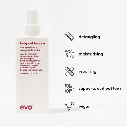EVO Baby Got Bounce Curl Treatment styling aid bottle with benefits like detangling moisturizing and repairing