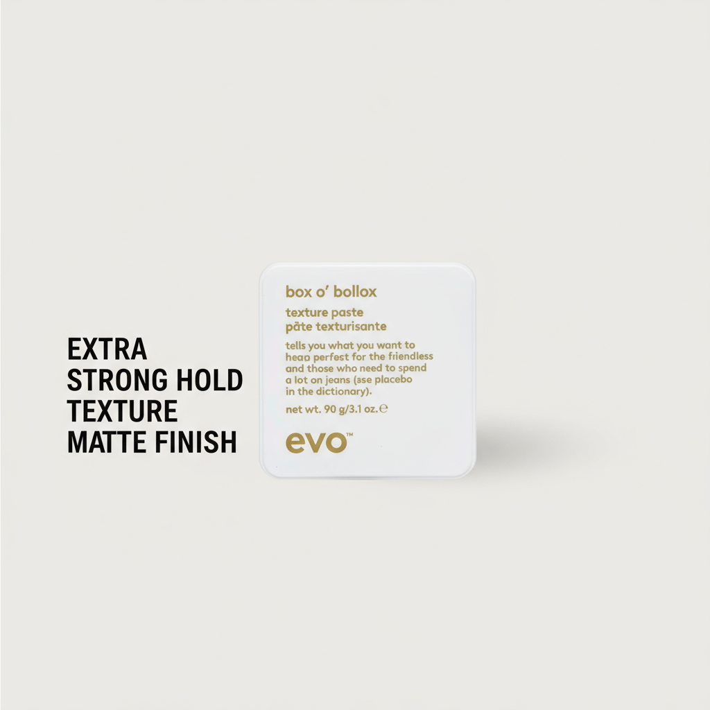 EVO Box O' Bollox Xtra Strong Hold Texture Paste styling aid with matte finish in white container