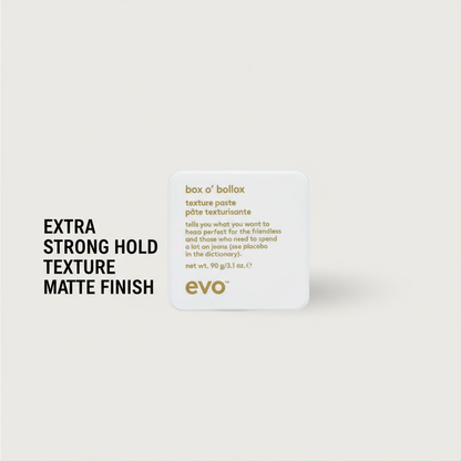 EVO Box O' Bollox Xtra Strong Hold Texture Paste styling aid with matte finish in white container