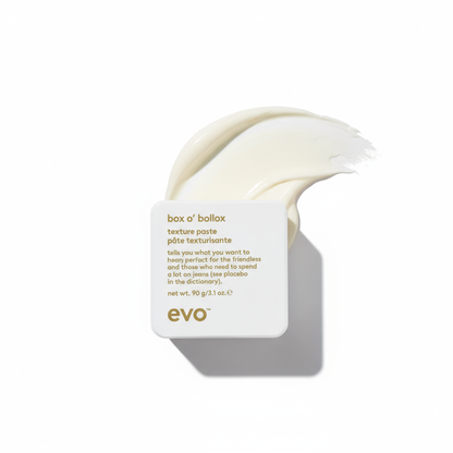 EVO Box O' Bollox Xtra Strong Hold Texture Paste styling aid in white container with cream paste swatch