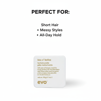 EVO Box O' Bollox Xtra Strong Hold Texture Paste for short hair messy styles and all-day hold