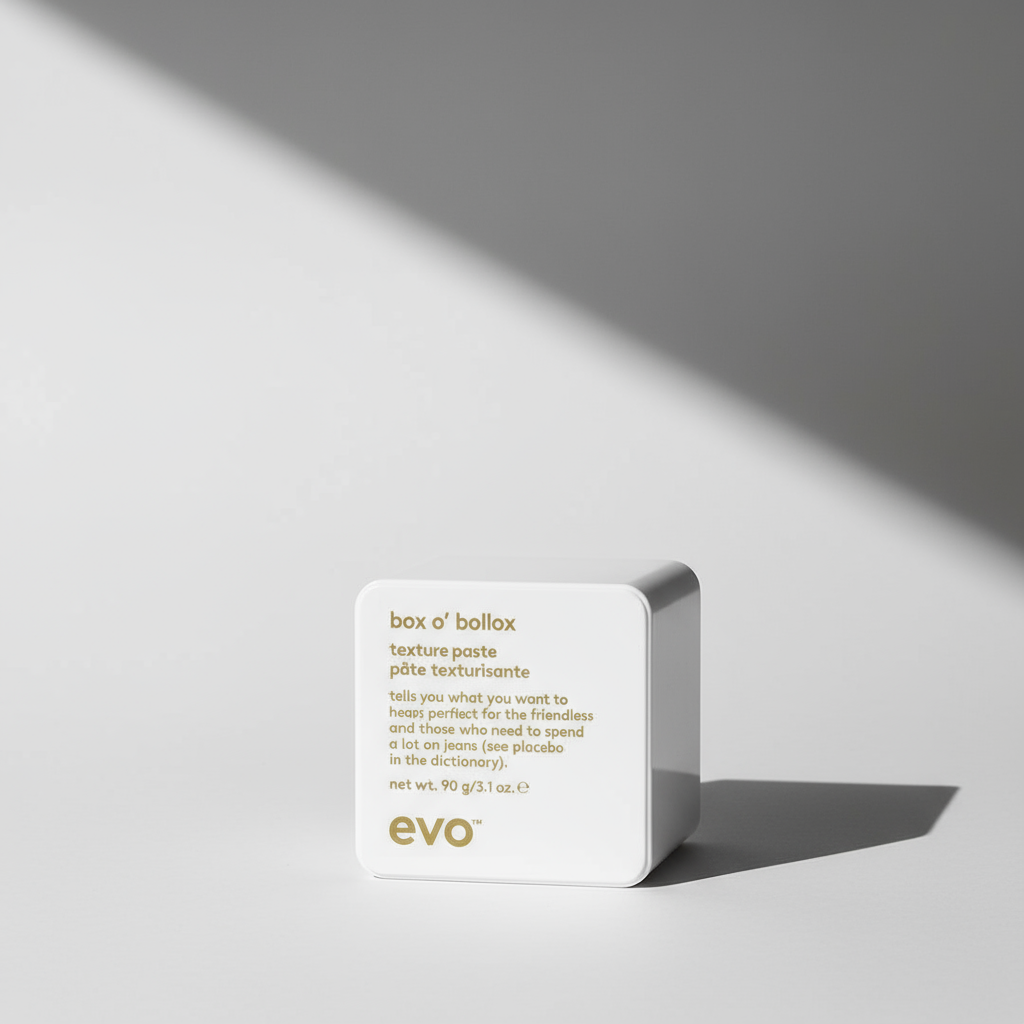 EVO Box O' Bollox Xtra Strong Hold Texture Paste styling aid in white square container