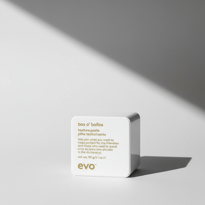 EVO Box O' Bollox Xtra Strong Hold Texture Paste styling aid in white square container