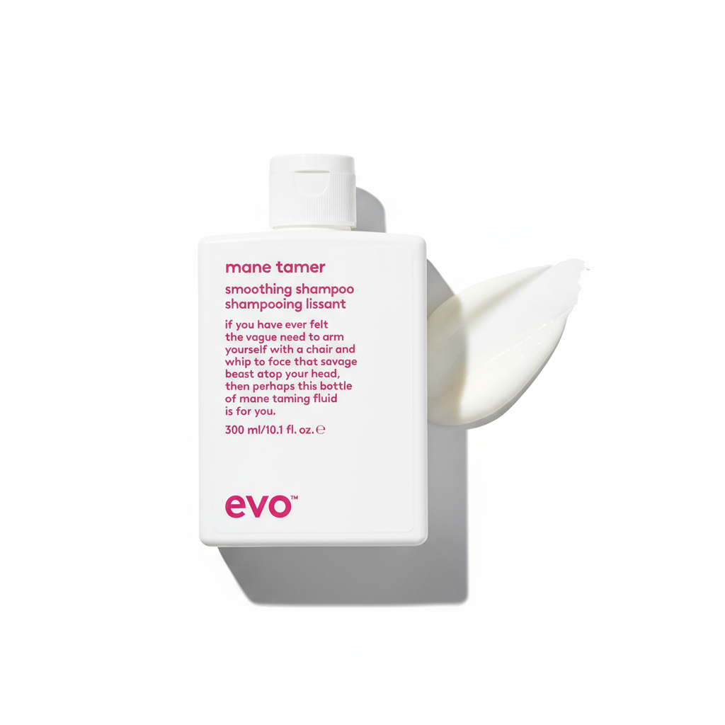 EVO Mane Tamer Smoothing Shampoo white bottle with pink text and creamy shampoo swatch on white background