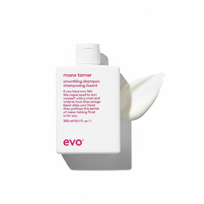 EVO Mane Tamer Smoothing Shampoo white bottle with pink text and creamy shampoo swatch on white background