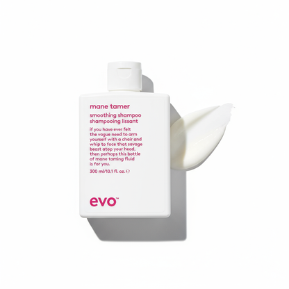 EVO Mane Tamer Smoothing Shampoo white bottle with pink text and creamy shampoo swatch on white background