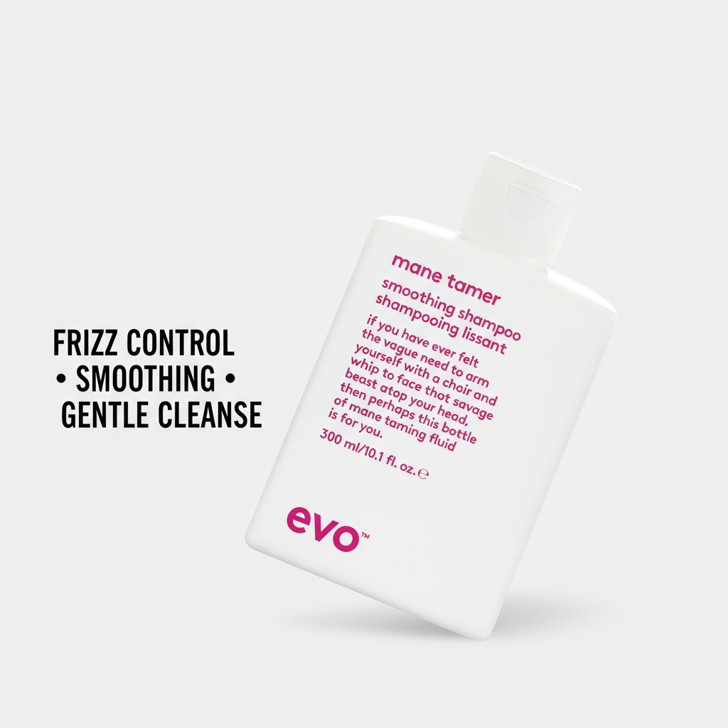EVO Mane Tamer Smoothing Shampoo white bottle with pink text for frizz control and gentle cleanse