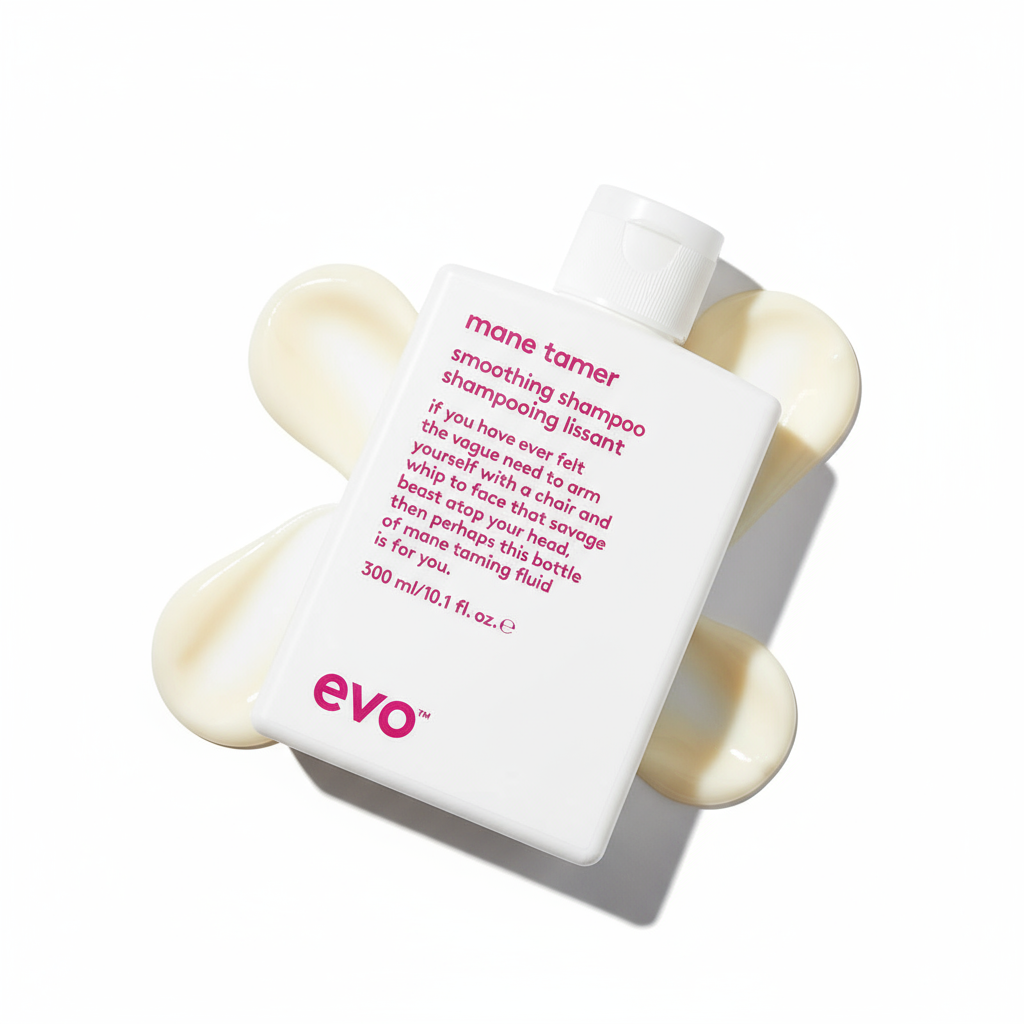 EVO Mane Tamer Smoothing Shampoo white bottle with pink text and creamy shampoo background