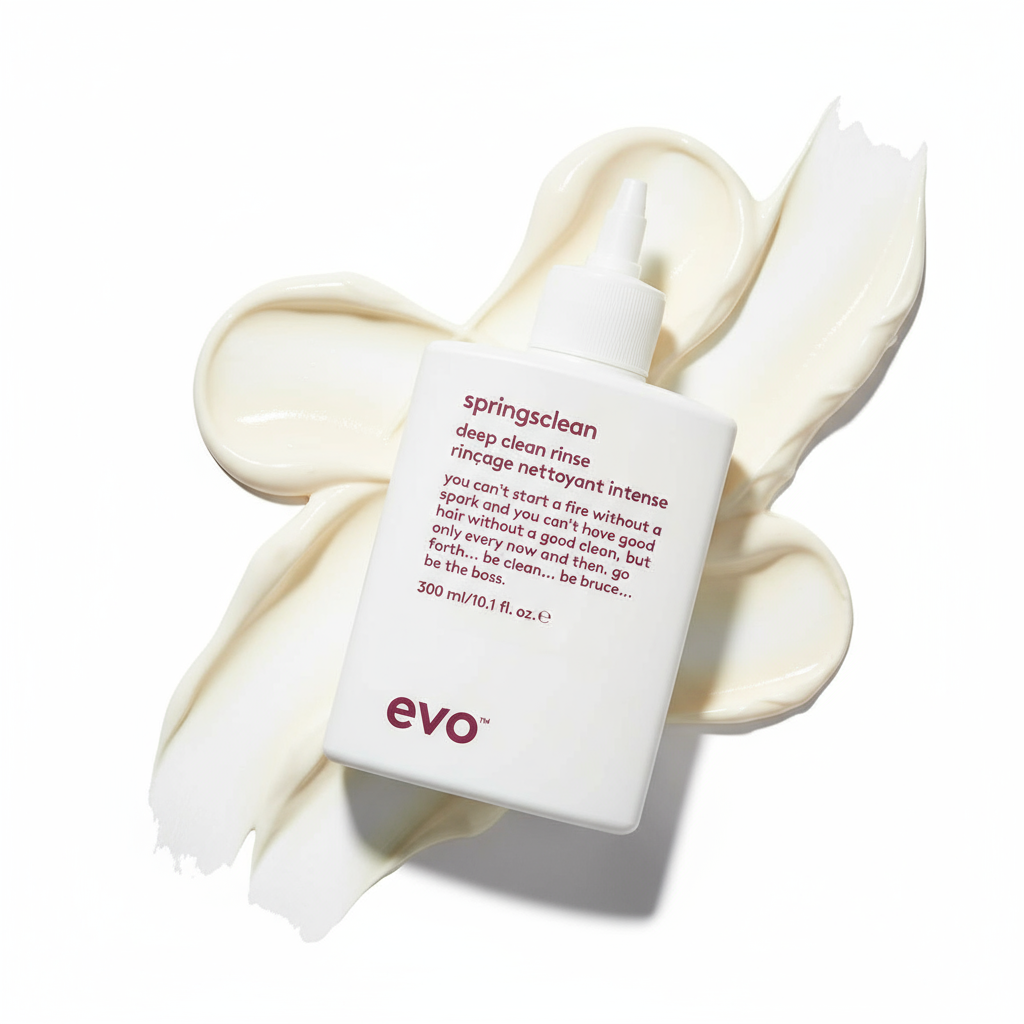 EVO Springsclean Clarifying Rinse shampoo bottle on creamy white textured background