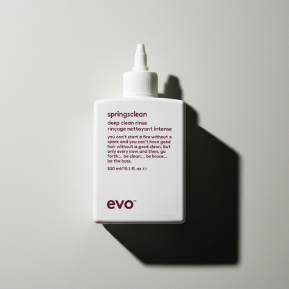 EVO Springsclean Clarifying Rinse deep clean shampoo bottle with white cap and simple design