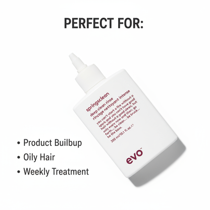 EVO Springsclean Clarifying Rinse shampoo bottle perfect for product buildup oily hair and weekly treatment