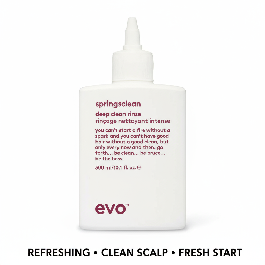 EVO Springsclean Clarifying Rinse shampoo bottle with deep clean formula for refreshing scalp