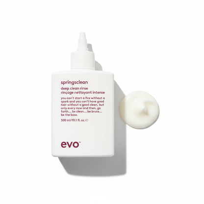 EVO Springsclean Clarifying Rinse shampoo bottle with a cream texture on white background