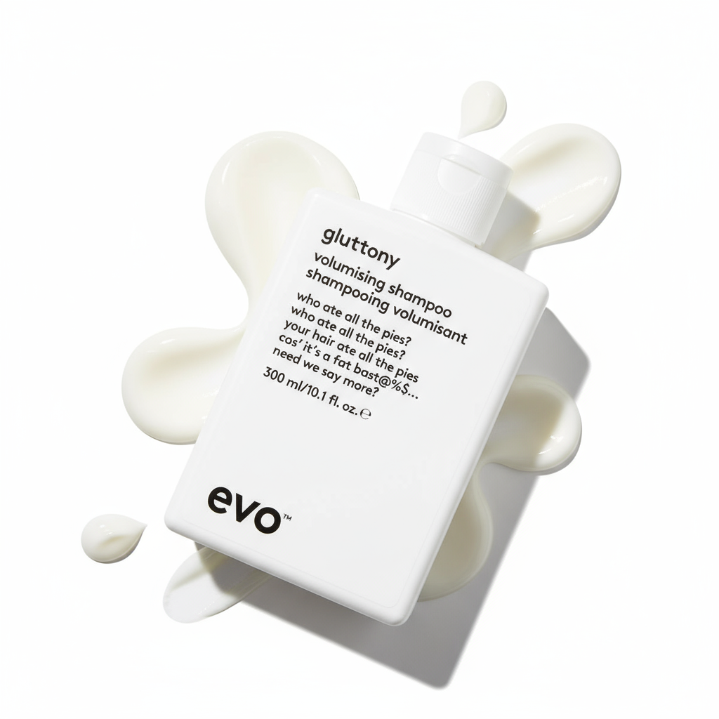EVO Gluttony Volumising Shampoo bottle with white creamy shampoo swirls on white background