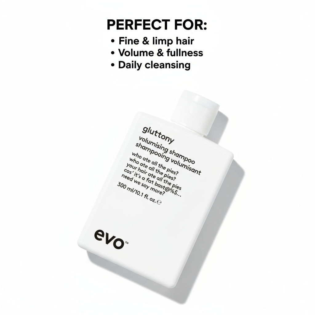EVO Gluttony Volumising Shampoo bottle for fine limp hair adding volume fullness and daily cleansing