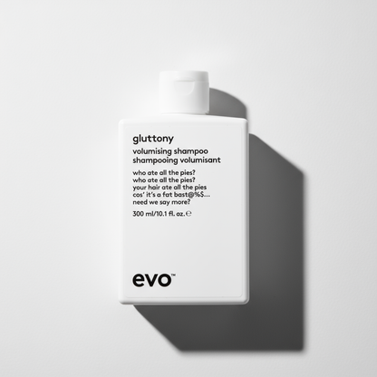 EVO Gluttony Volumising Shampoo in white bottle with minimalist black text for hair volume