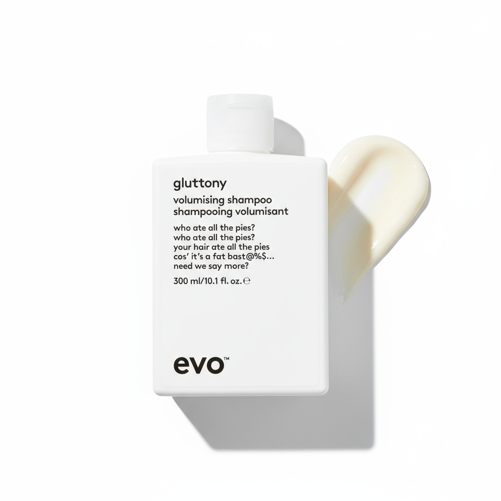 EVO Gluttony Volumising Shampoo white bottle with product swatch on white background